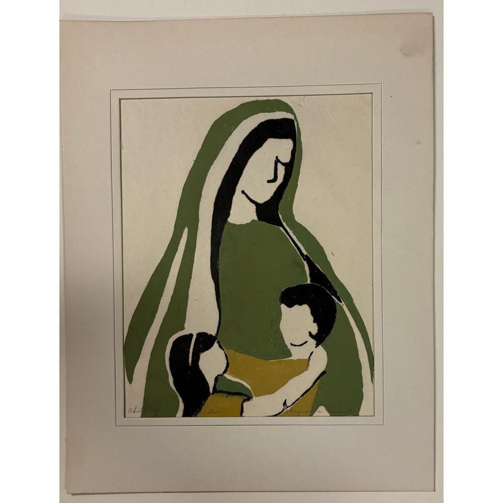 Vintage mid century linoleum block print art family￼
